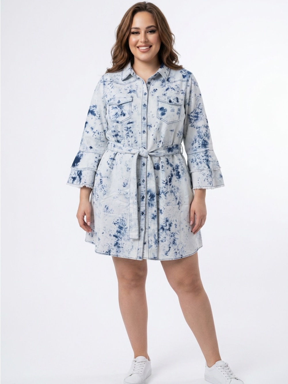 Ashley Stewart Women’s 18 Blue Acid Wash Ltwt Chambray Dress Bell Fringe Sleeve